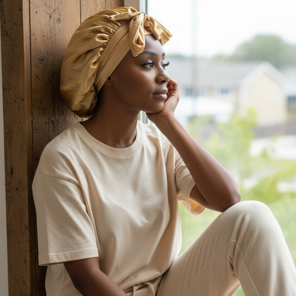Satinhaube / Satin Hair Bonnet mit Bändern - Khaki ( Satin Schlafhaube )