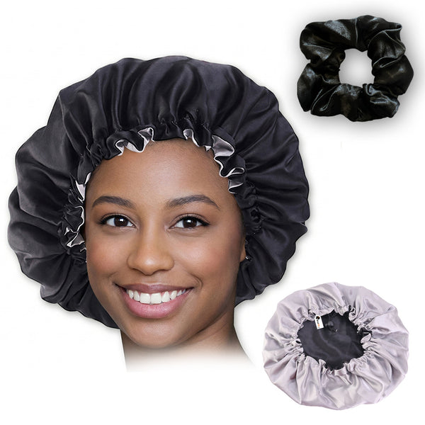 Schwarz / Graue Satin bonnet + Satin-Haargummi  ( Schlafhaube / Hair Bonnet / Nachtmütze zum Schlafen )
