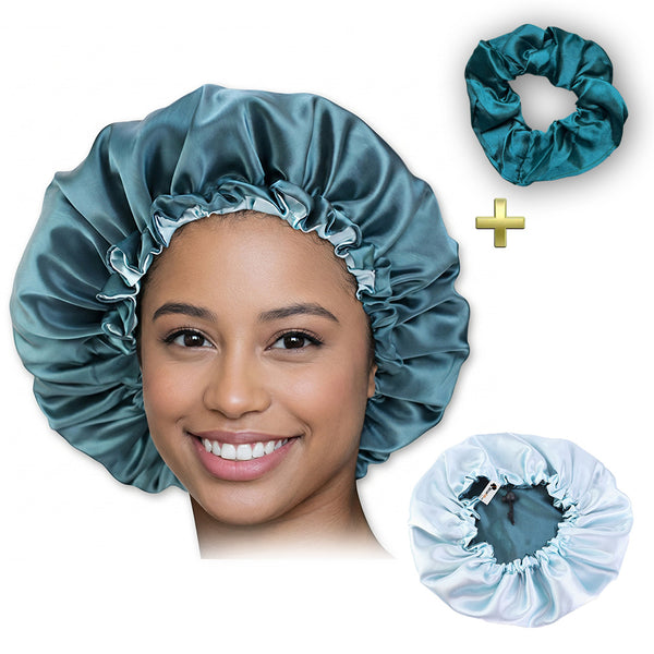 Grün Satin bonnet + Satin-Haargummi  ( Schlafhaube / Hair Bonnet / Nachtmütze zum Schlafen )