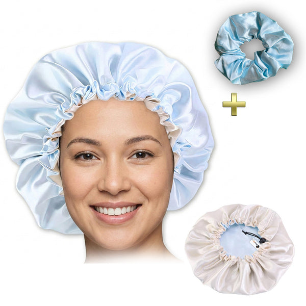 Hellblau Satin bonnet + Satin-Haargummi  ( Schlafhaube / Hair Bonnet / Nachtmütze zum Schlafen )