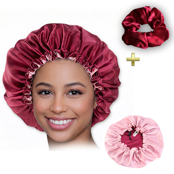 Rot Satin bonnet + Satin-Haargummi  ( Schlafhaube / Hair Bonnet / Nachtmütze zum Schlafen )
