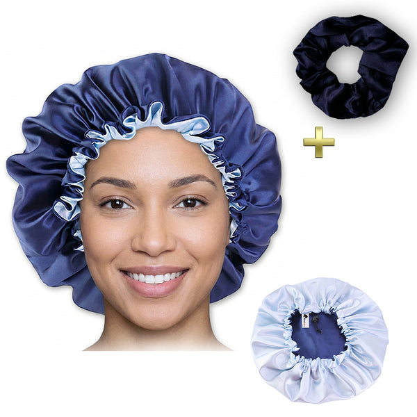 Blau Satin bonnet + Satin-Haargummi  ( Schlafhaube / Hair Bonnet / Nachtmütze zum Schlafen )