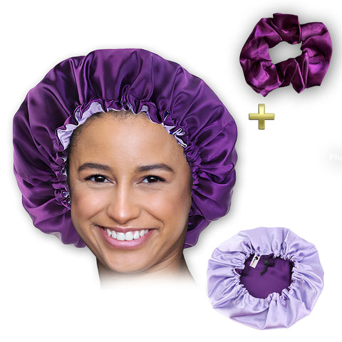 Lila Satin bonnet + Satin-Haargummi  ( Schlafhaube / Hair Bonnet / Nachtmütze zum Schlafen )