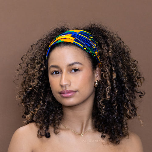 Haarband / Stirnband / Kopfband in Afrikanischer Print - Unisex Erwachsene - Blau Orange kente