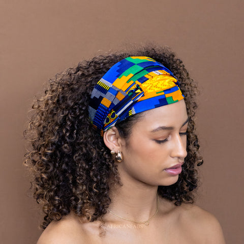 Haarband / Stirnband / Kopfband in Afrikanischer Print - Unisex Erwachsene - Blau Orange kente