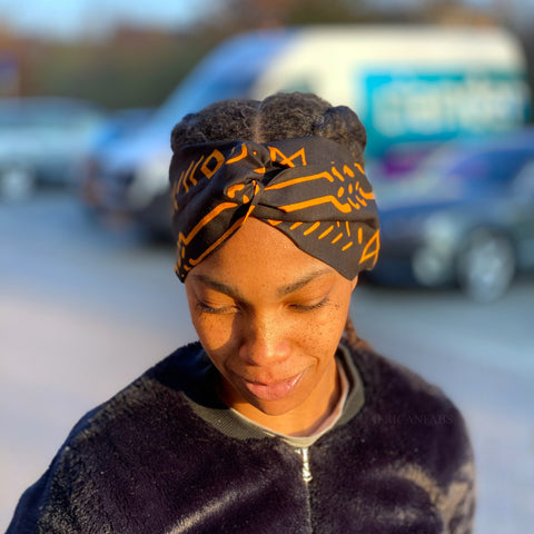 Haarband / Stirnband / Kopfband in Afrikanischer Print - Erwachsene - Schwarz Gelbe bogolan