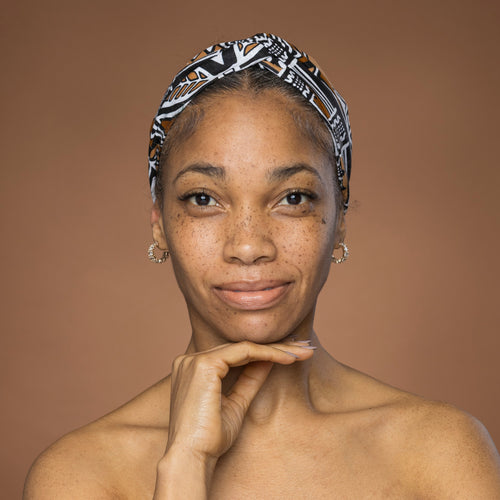 Haarband / Stirnband / Kopfband in Afrikanischer Print - Braun Beige Bogolan Symbols