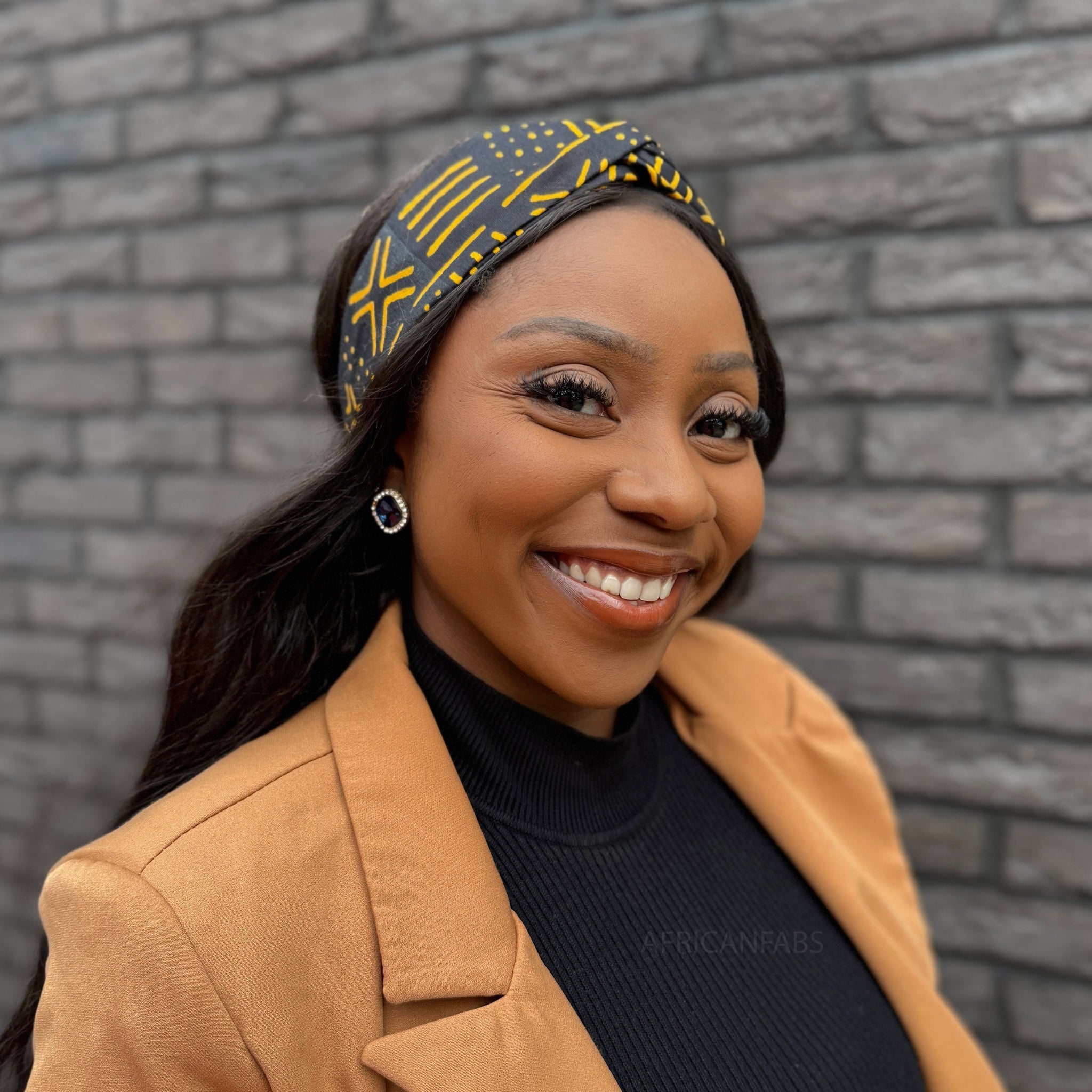 Haarband / Stirnband / Kopfband in Afrikanischer Print - Schwarz / Gelb Bogolan