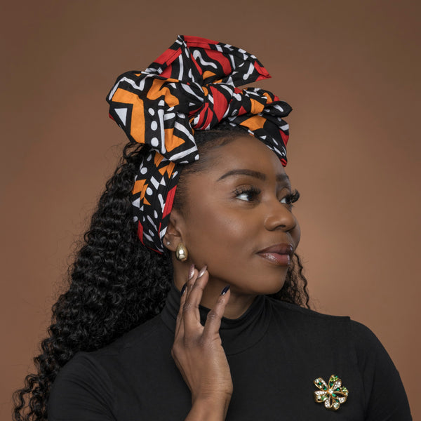 Afrikanisches Kopftuch / headwrap - Rot und Orange Bogolan