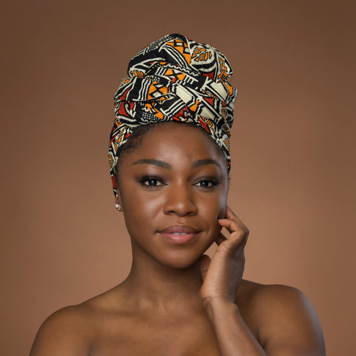 Afrikanisches Kopftuch / headwrap - Rot Orange Bogolan Symbols