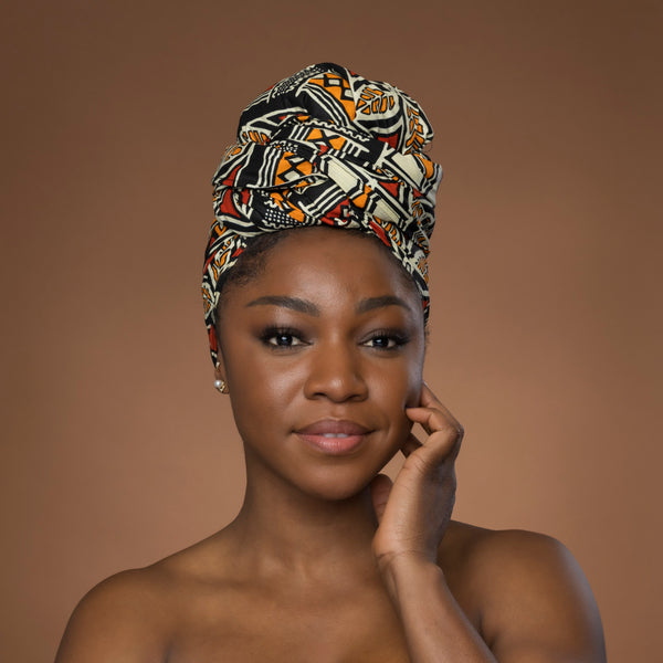 Afrikanisches Kopftuch / headwrap - Rot Orange Bogolan Symbols