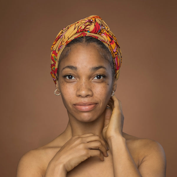 Afrikanisches Kopftuch / headwrap - Beige Orange Botanical Flow