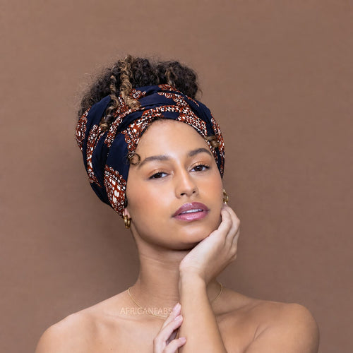 Afrikanisches Kopftuch / headwrap - Marineblau Braun Paisley