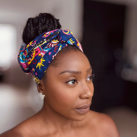 Afrikanisches Kopftuch / headwrap - Blau Rosa Paisley
