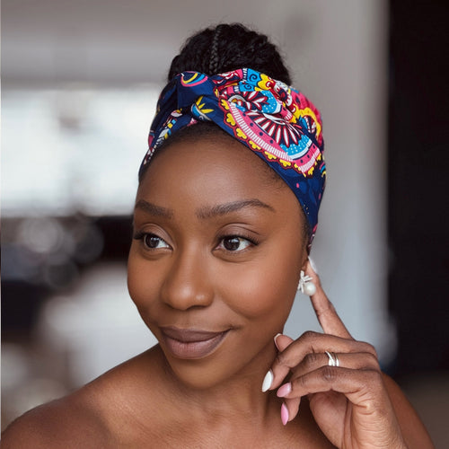 Afrikanisches Kopftuch / headwrap - Blau Rosa Paisley