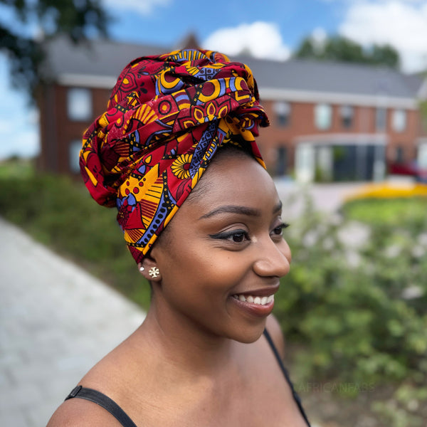 Afrikanisches Kopftuch / headwrap - Rot & Gelb Mandala Patchwork