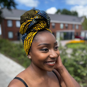 Afrikanisches Kopftuch / headwrap - Grün, Blau & Gelb Concentric Circle