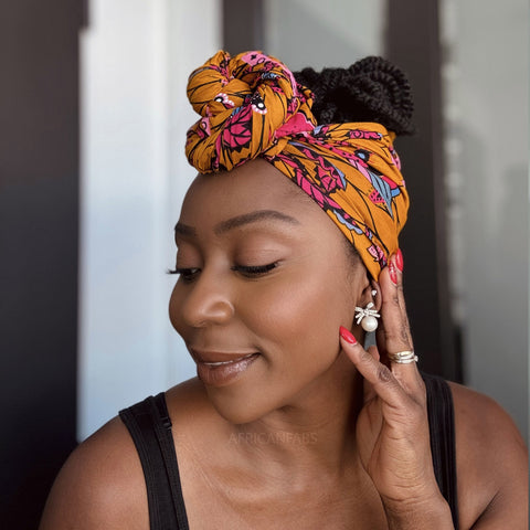 Afrikanisches Kopftuch / headwrap - Senfgelb & Rosa Botanical Flow