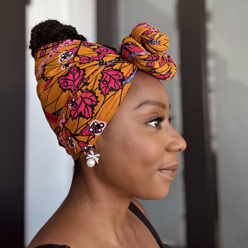 Afrikanisches Kopftuch / headwrap - Senfgelb & Rosa Botanical Flow