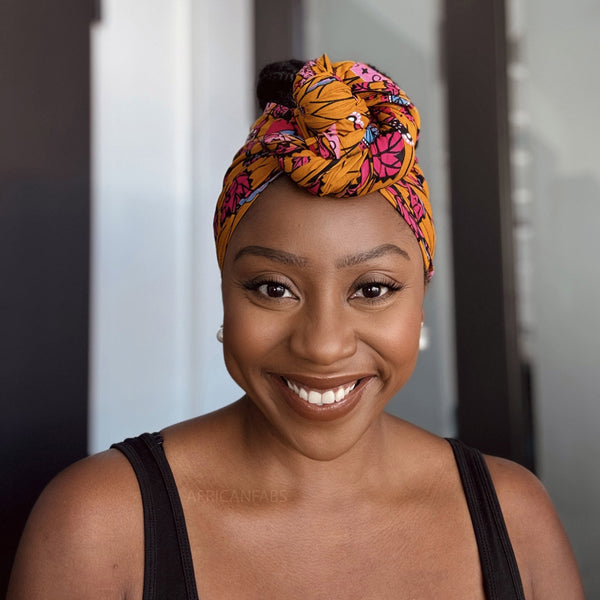 Afrikanisches Kopftuch / headwrap - Senfgelb & Rosa Botanical Flow