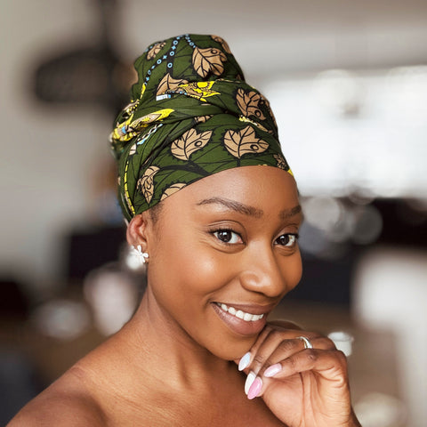 Afrikanisches Kopftuch / headwrap - Dunkelgrün & Gelb Botanical Flow