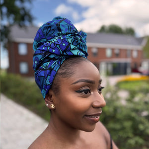 Afrikanisches Kopftuch / headwrap - Blau & Türkis Mandala Patchwork