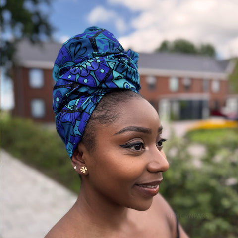 Afrikanisches Kopftuch / headwrap - Blau & Türkis Mandala Patchwork