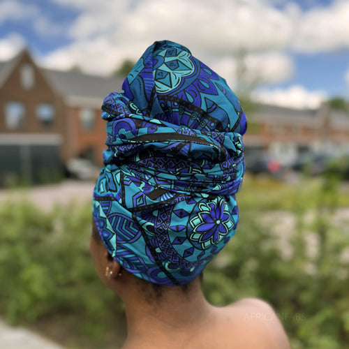 Afrikanisches Kopftuch / headwrap - Blau & Türkis Mandala Patchwork