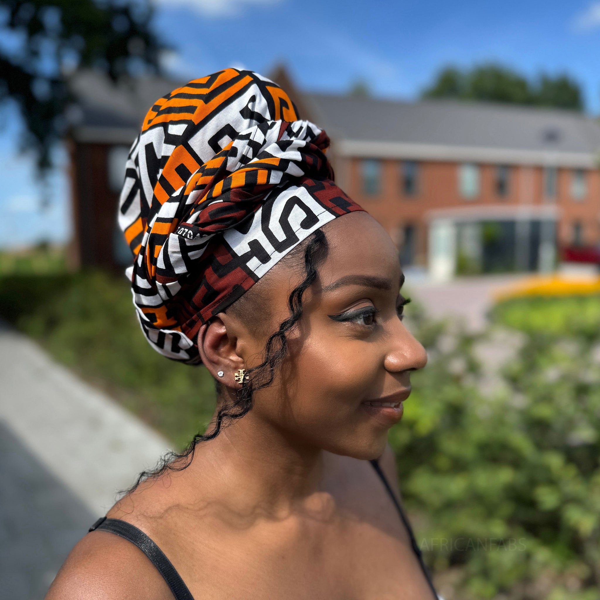 Afrikanisches Kopftuch / headwrap - Braun & Gelborange Kuba Blocks Congo