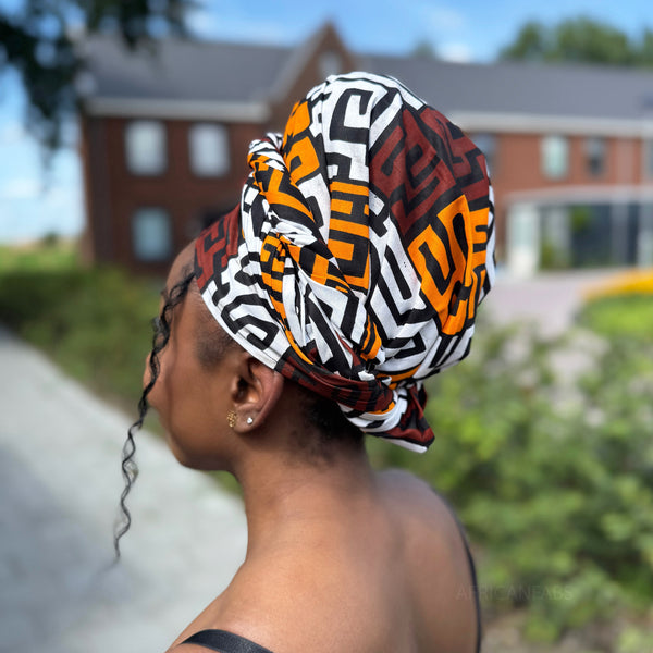 Afrikanisches Kopftuch / headwrap - Braun & Gelborange Kuba Blocks Congo