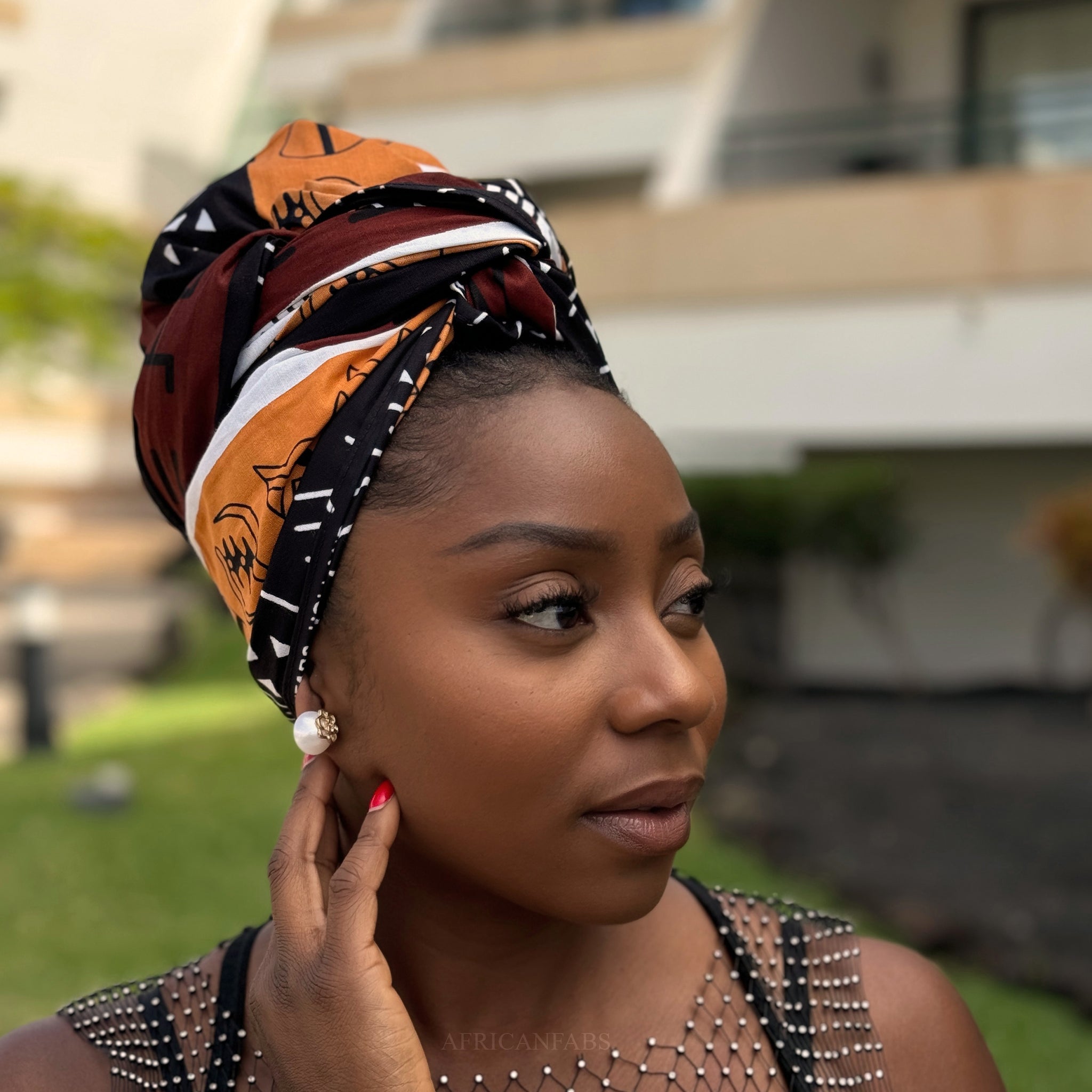 Afrikanisches Kopftuch / headwrap - Braun Bogolan Symbols