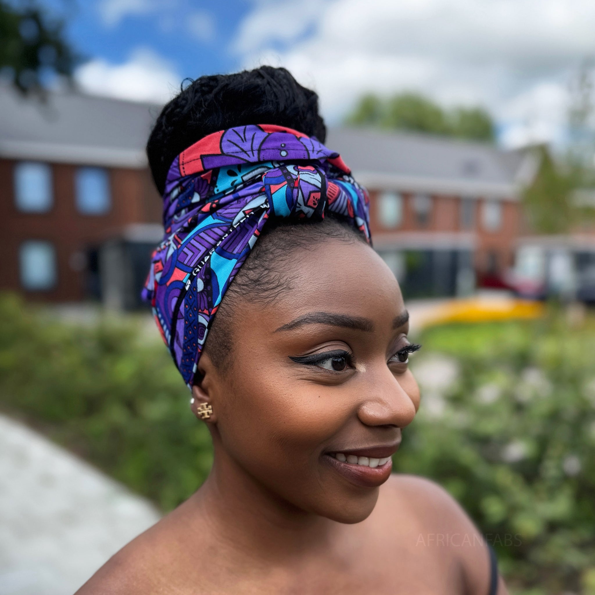 Afrikanisches Kopftuch / headwrap - Lila & Hellblau Mandala Patchwork