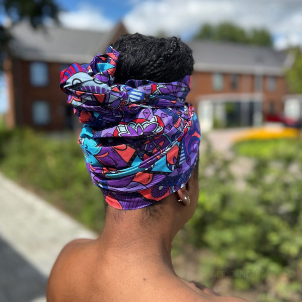 Afrikanisches Kopftuch / headwrap - Lila & Hellblau Mandala Patchwork