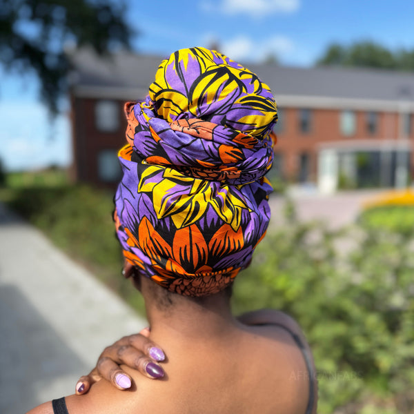 Afrikanisches Kopftuch / headwrap - Gelb & Lila Flowers