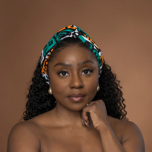 Afrikanisches Kopftuch / headwrap - Petrol Gelb Kuba Blocks Congo