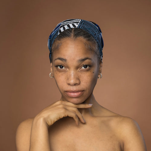 Afrikanisches Kopftuch / headwrap - Blau Bogolan Mosaic