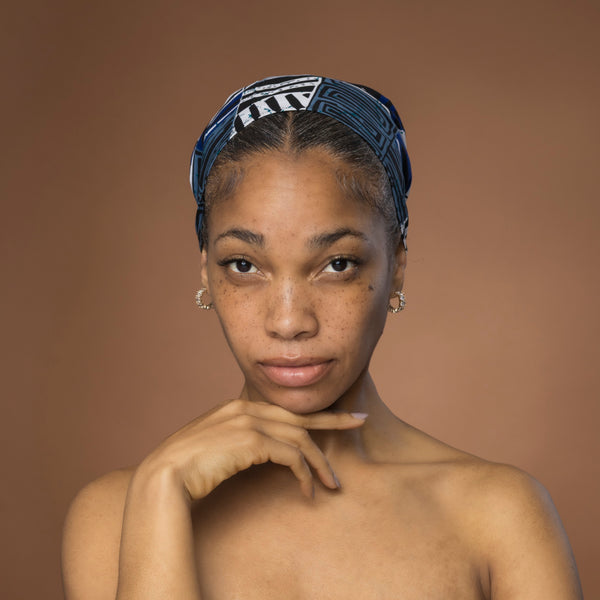 Afrikanisches Kopftuch / headwrap - Blau Bogolan Mosaic