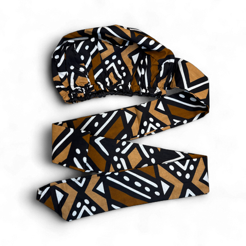 Easy headwrap / einfaches Kopftuch - Satinfutter - Braun & Beige Bogolan