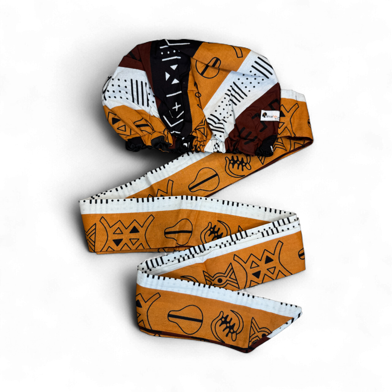 Easy headwrap / einfaches Kopftuch - Satinfutter -  Braun & Gelborange Kuba Blöcke