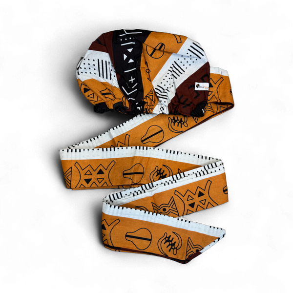 Easy headwrap / einfaches Kopftuch - Satinfutter -  Braun & Gelborange Kuba Blöcke