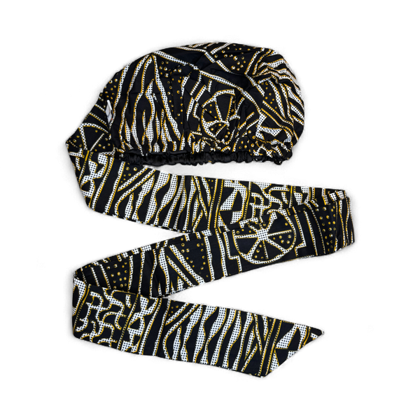 Easy headwrap / einfaches Kopftuch - Satinfutter - Schwarz Gelb Ndop Kamerun