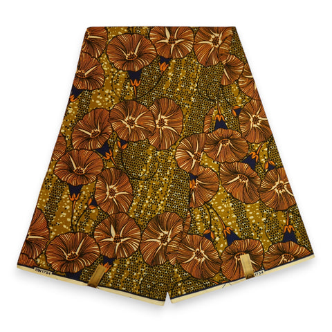 African Wax print fabric - Brown and Orange Autumn Bloom Waves - 100% cotton