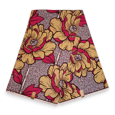 Afrikanischer Stoff - Gelb & Rosa Bold Flowers - 100% Baumwolle