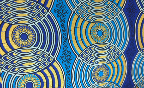Afrikanischer Stoff - Blau Gold Retro Circles - Spezialeffekt Brillant Platinum Edition