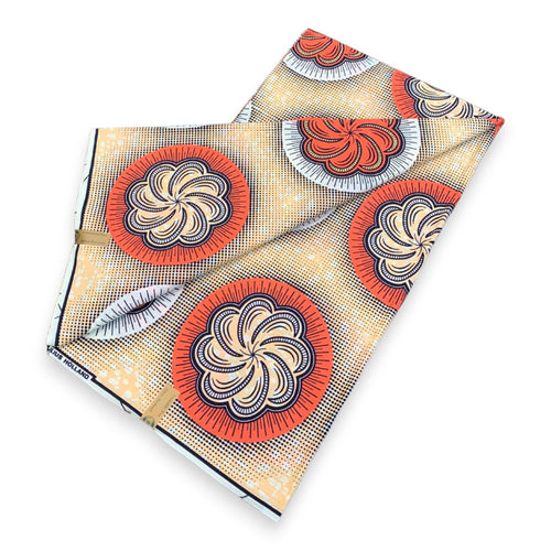 Afrikanischer Wax Print Stoff - Beige und Orange Solar Bloom Rounds - 100% Baumwolle