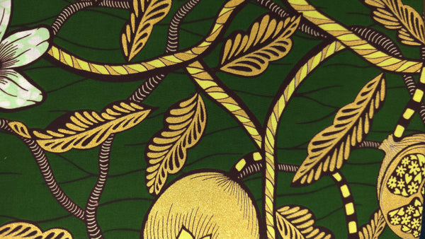 Afrikanischer Stoff - Grün Gold Cream Pomegranate Garden - Spezialeffekt Brillant Platinum Edition