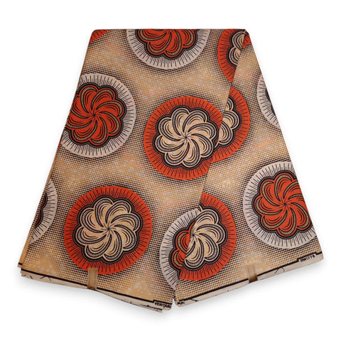 African Wax print fabric - Beige and Orange Solar Bloom Rounds - 100% cotton