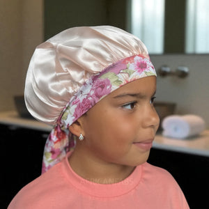 Blume Satin-Haube mit Bändern zum Binden (Kindergröße 3–7 Jahre) (Satin-Nachtmütze / Satin bonnet / Schlafhaube / Kinder Hair Bonnet / Satin bonnet)