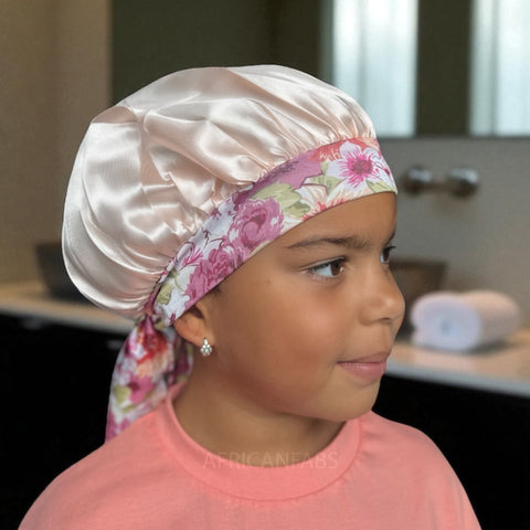Blume Satin-Haube mit Bändern zum Binden (Kindergröße 3–7 Jahre) (Satin-Nachtmütze / Satin bonnet / Schlafhaube / Kinder Hair Bonnet / Satin bonnet)