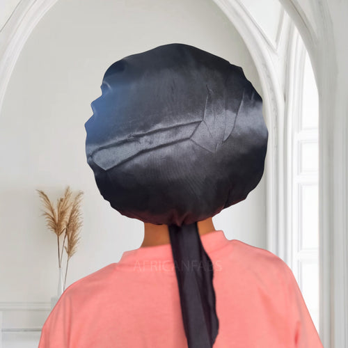 Schwarz Satin-Haube mit Bändern zum Binden (Kindergröße 3–7 Jahre) (Satin-Nachtmütze / Satin bonnet / Schlafhaube / Kinder Hair Bonnet / Satin bonnet)